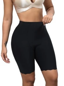 High Waisted Scallop Trim Shapewear Shorts - Black - View 4