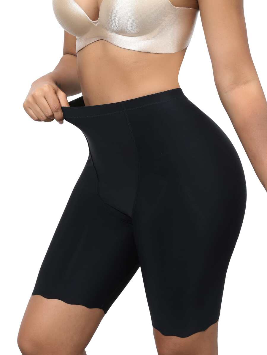 High Waisted Scallop Trim Shapewear Shorts - Black - View 1