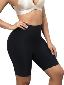 High Waisted Scallop Trim Shapewear Shorts - Black - View 5