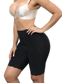 High Waisted Scallop Trim Shapewear Shorts - Black - View 6