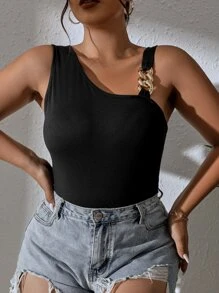 SHEIN Privé Top con diseño de cadena de cuello asimétrico - Negro - Ver 1