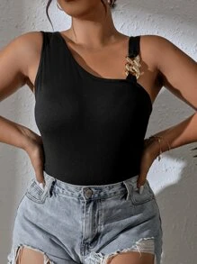 SHEIN Privé Top con diseño de cadena de cuello asimétrico - Negro - Ver 3