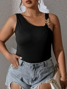 SHEIN Privé Top con diseño de cadena de cuello asimétrico - Negro - Ver 4