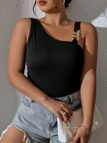 SHEIN Privé Top con diseño de cadena de cuello asimétrico - Negro - Ver 5