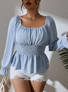 SHEIN VCAY 大碼胸部褶皺荷葉袖荷葉邊下擺襯衫 - 淺藍色 - 查看 3