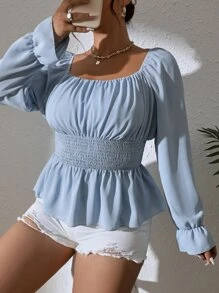 SHEIN VCAY 大碼胸部褶皺荷葉袖荷葉邊下擺襯衫 - 淺藍色 - 查看 4