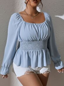 SHEIN VCAY 大碼胸部褶皺荷葉袖荷葉邊下擺襯衫 - 淺藍色 - 查看 5