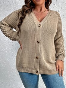 SHEIN Essnce Plus Button Front Raglan Sleeve Cardigan - Khaki - View 5