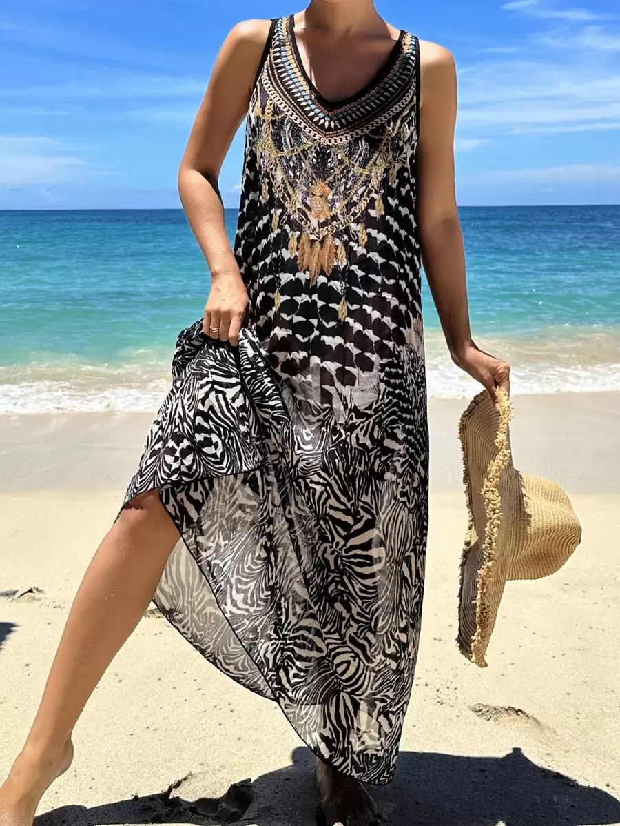 SHEIN Swim Vestido tipo cubre todo con estampado all-over para el verano - Negro - Ver 1