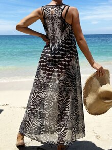 SHEIN Swim Vestido tipo cubre todo con estampado all-over para el verano - Negro - Ver 2