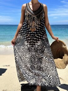 SHEIN Swim Vestido tipo cubre todo con estampado all-over para el verano - Negro - Ver 3