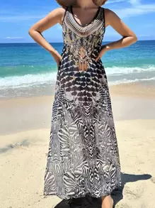 SHEIN Swim Vestido tipo cubre todo con estampado all-over para el verano - Negro - Ver 5