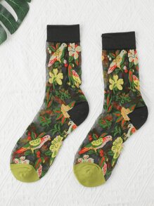 Bird & Floral Print Crew Socks - Multicolor - View 1