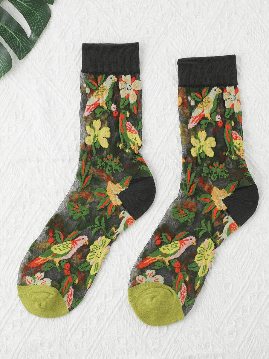 Bird & Floral Print Crew Socks - Multicolor - View 1