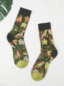 Bird & Floral Print Crew Socks - Multicolor - View 2