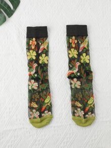 Bird & Floral Print Crew Socks - Multicolor - View 3