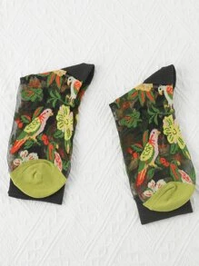 Bird & Floral Print Crew Socks - Multicolor - View 4
