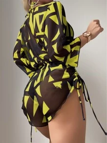 3包裝幾何圖案露肩背心夏季沙灘比基尼套裝＆蓋起來