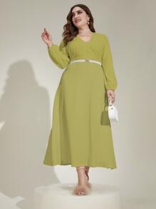 Modelyn 大碼素色V領燈籠袖連衣裙不附腰帶 - 橄欖綠 - 查看 1