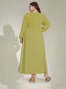 Modelyn 大碼素色V領燈籠袖連衣裙不附腰帶 - 橄欖綠 - 查看 2