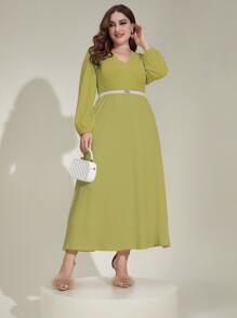 Modelyn 大碼素色V領燈籠袖連衣裙不附腰帶 - 橄欖綠 - 查看 3