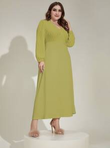 Modelyn 大碼素色V領燈籠袖連衣裙不附腰帶 - 橄欖綠 - 查看 4