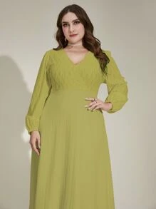 Modelyn 大碼素色V領燈籠袖連衣裙不附腰帶 - 橄欖綠 - 查看 5