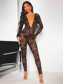 SHEIN BAE Áo liền quần nữ cắt màu trơn Gợi cảm - màu đen - Xem 4