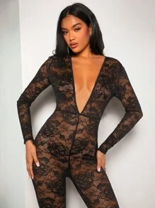 SHEIN BAE Áo liền quần nữ cắt màu trơn Gợi cảm - màu đen - Xem 6