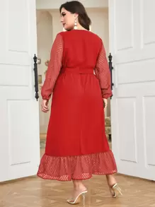 Modelyn 大碼網紗拼接繫腰帶連衣裙 - 紅色 - 查看 2