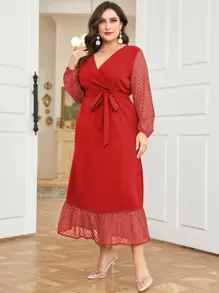 Modelyn 大碼網紗拼接繫腰帶連衣裙 - 紅色 - 查看 3
