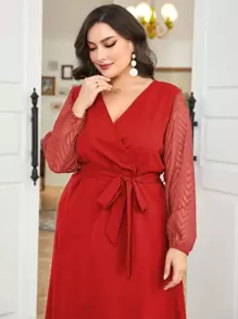 Modelyn 大碼網紗拼接繫腰帶連衣裙 - 紅色 - 查看 4