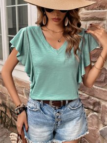 SHEIN LUNE Butterfly Sleeve Solid V Neck Tee - Mint Blue - View 5