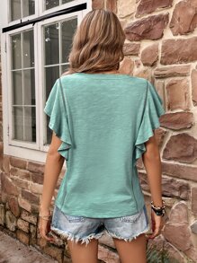 SHEIN LUNE Butterfly Sleeve Solid V Neck Tee - Mint Blue - View 2