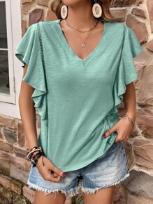 SHEIN LUNE Butterfly Sleeve Solid V Neck Tee - Mint Blue - View 1