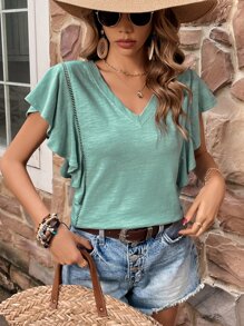 SHEIN LUNE Butterfly Sleeve Solid V Neck Tee - Mint Blue - View 3