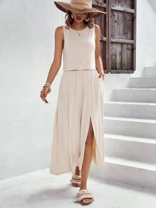 SHEIN LUNE Solid Split Thigh Dress - Beige - View 3