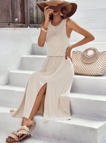 SHEIN LUNE Solid Split Thigh Dress - Beige - View 1