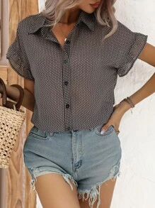 SHEIN VCAY Allover Print Flounce Sleeve Shirt - Black - View 1