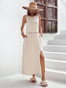 SHEIN LUNE Solid Split Thigh Dress - Beige - View 5