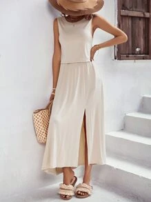 SHEIN LUNE Solid Split Thigh Dress - Beige - View 6