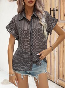 SHEIN VCAY Allover Print Flounce Sleeve Shirt - Black - View 5