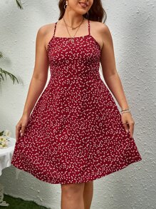 SHEIN VCAY 大碼愛心圖案露背交叉吊帶連衣裙 - 酒紅色 - 查看 2