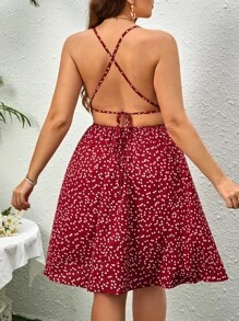 SHEIN VCAY 大碼愛心圖案露背交叉吊帶連衣裙 - 酒紅色 - 查看 1