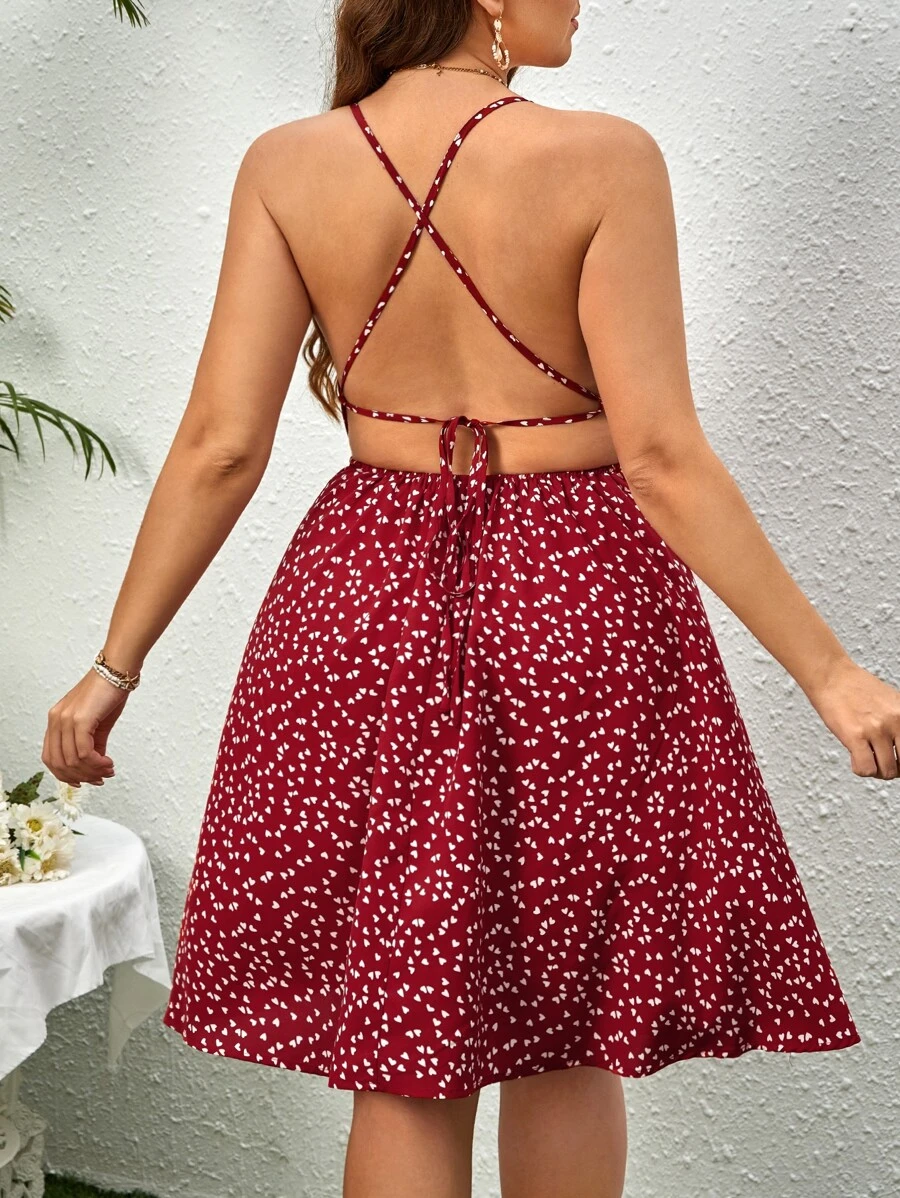 SHEIN VCAY 大碼愛心圖案露背交叉吊帶連衣裙 - 酒紅色 - 查看 1