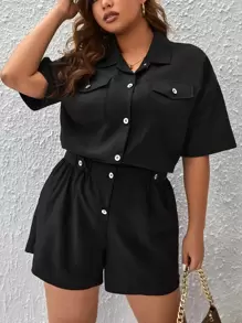 SHEIN Essnce 大碼翻蓋口袋落肩袖襯衫連體短褲 - 黑色 - 查看 1