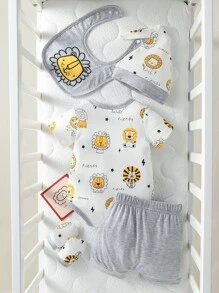 男婴夏季休闲卡通印花连体衣和短裤套装