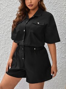 SHEIN Essnce 大碼翻蓋口袋落肩袖襯衫連體短褲 - 黑色 - 查看 3