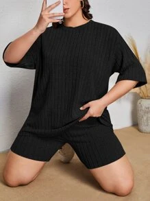 SHEIN EZwear Plus Drop Shoulder Tee & Shorts - Black - View 1