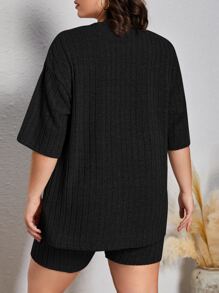 SHEIN EZwear Plus Drop Shoulder Tee & Shorts - Black - View 2
